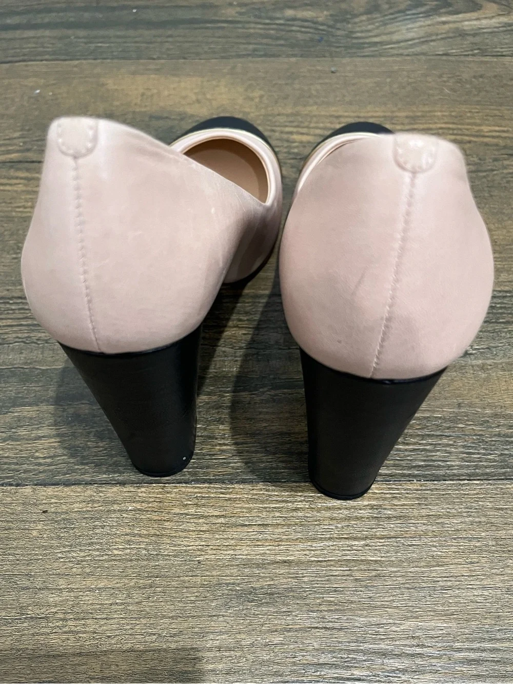 J. Crew Blush Pink & Black Leather Cap Toe Block Heel Pumps Sz. 7.5